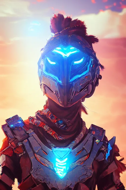 Image similar to combination suit armor aloy horizon forbidden west horizon zero dawn radiating a glowing aura global illumination ray tracing hdr fanart arstation by ian pesty and alena aenami artworks in 4 k tribal robot ninja mask helmet backpack