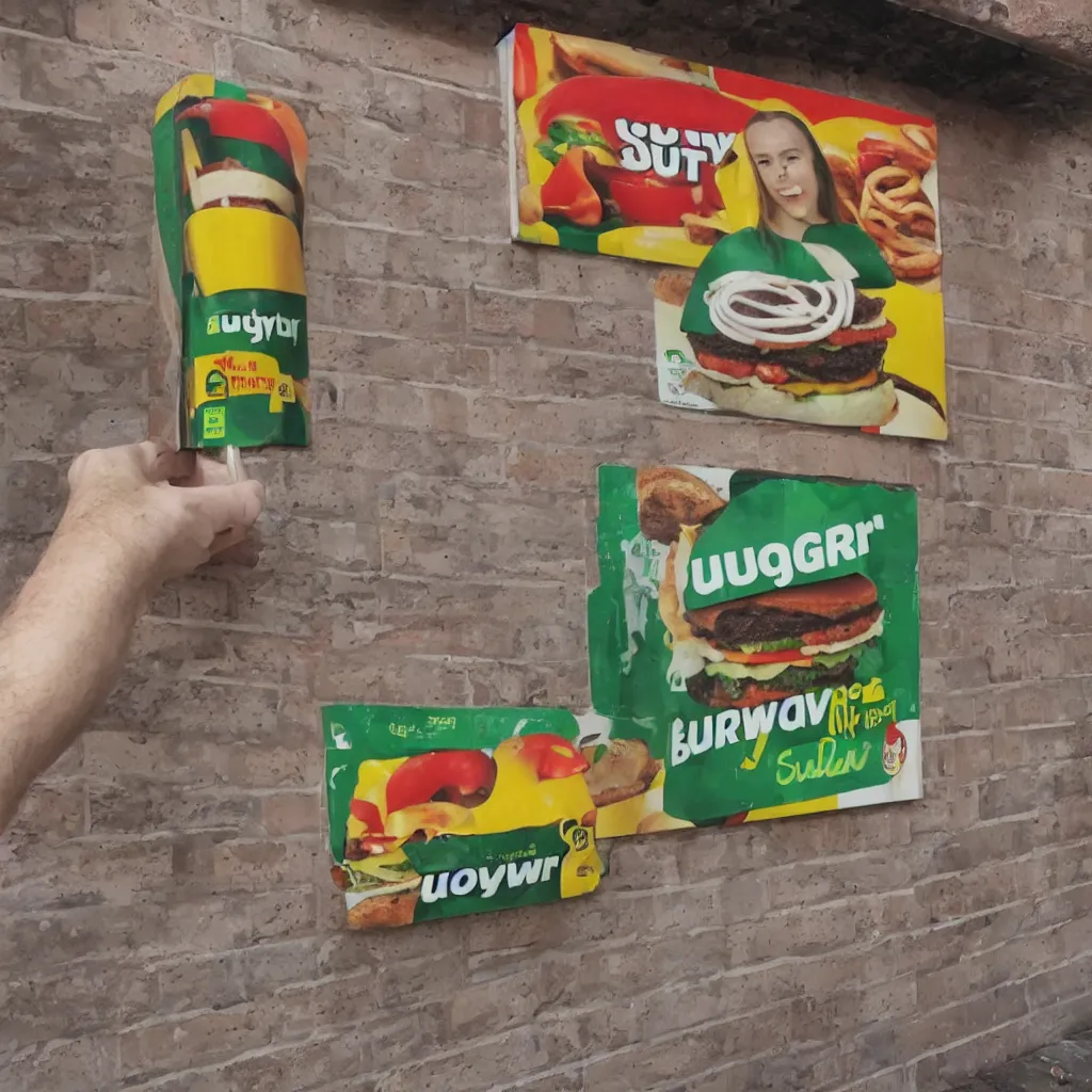 Prompt: A subway advertisement for burger made of bricks