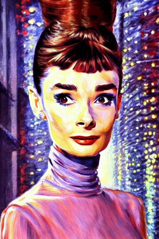 Prompt: impressionism painting of a d & d style retro sci - fi audrey hepburn beautiful face and wearing full detailed clothing