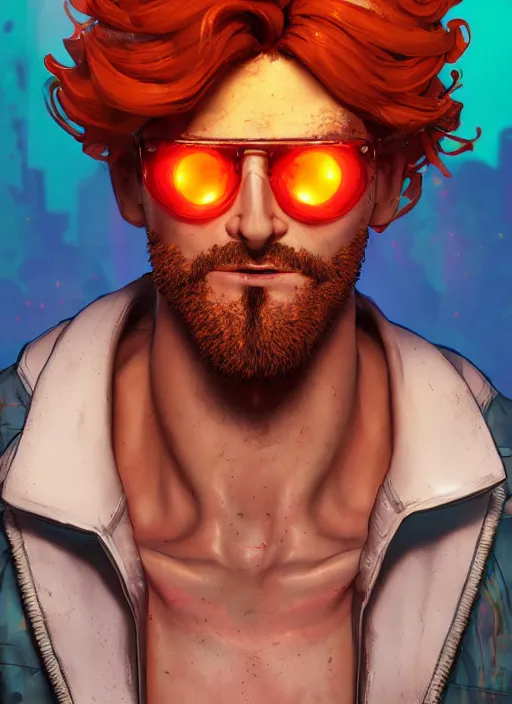 Prompt: retrowave portrait of curly orange hair man from borderlands 3, au naturel, hyper detailed, digital art, trending in artstation, cinematic lighting, studio quality, smooth render, unreal engine 5 rendered, octane rendered, art style by klimt and nixeu and ian sprigger and wlop and krenz cushart.