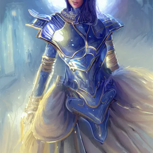 Image similar to portrait knights of Zodiac girl, white and metalic blue color reflected armor, in ruined Agora of Athens Moon night and firefly and star sparkles, ssci-fi, fantasy, intricate, very very beautiful, elegant, golden light, highly detailed, digital painting, artstation, concept art, smooth, sharp focus, illustration, art by tian zi and WLOP and alphonse mucha