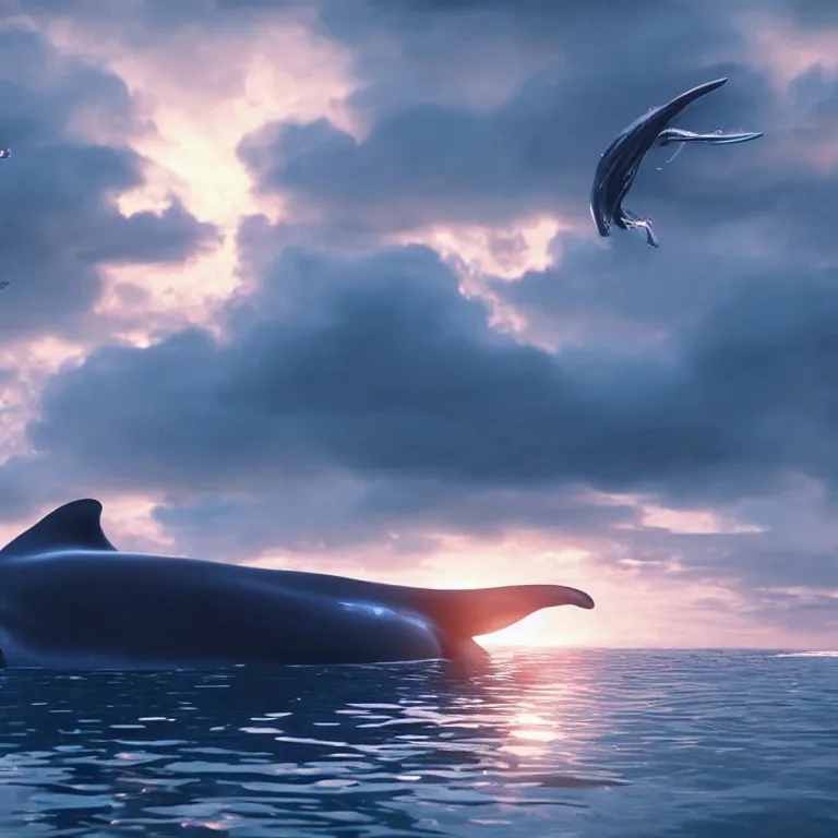 Image similar to vfx shot by weta digital and industrial light and magic ilm, a stunning beautiful glowing blue whale made out of shiny reflective silver metallic chrome flying in the sky through fluffy giant sunset clouds, octane render, cinema 4 d, ray traced lighting, very short depth of field, bokeh