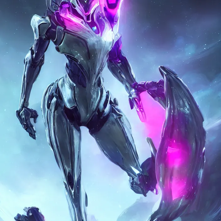 Image similar to cinematic shot, bust, cosmic sized perfectly proportioned stunning beautiful hot female warframe, anthropomorphic robot mecha female dragon, silver, fuschia leds, floating in empty space, nebula sized, holding a galaxy, epic proportions, epic size, epic scale, furry art, dragon art, giantess art, warframe fanart, furaffinity, deviantart