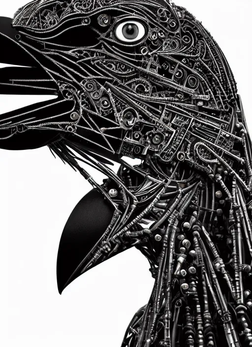 Image similar to a stunning young female crow mixed cyborg profile face, face is made intricate tribal bio - mechanical, editorial photography, bw, shot on 7 0 mm, depth of field, f / 2. 8, high contrast, 1 6 k, volumetric lighting, shiny, insanely detailed and intricate, hypermaximalist, elegant, ornate, hyper realistic, super detailed