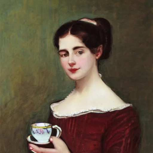 Image similar to portrait of a Victorian woman holding a teacup, oil on canvas, highly detailed, uncluttered,