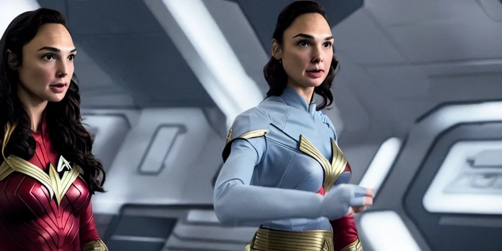 Image similar to Gal Gadot, in full starfleet uniform, is the captain of the starship Enterprise in the new Star Trek movie