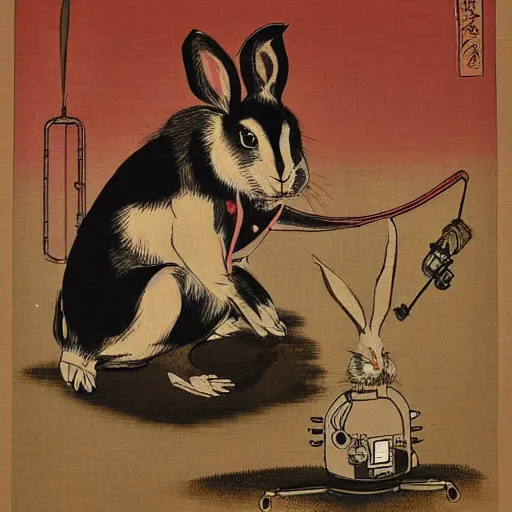 Image similar to steampunk animatronic in the shape of a rabbit, japanese painting