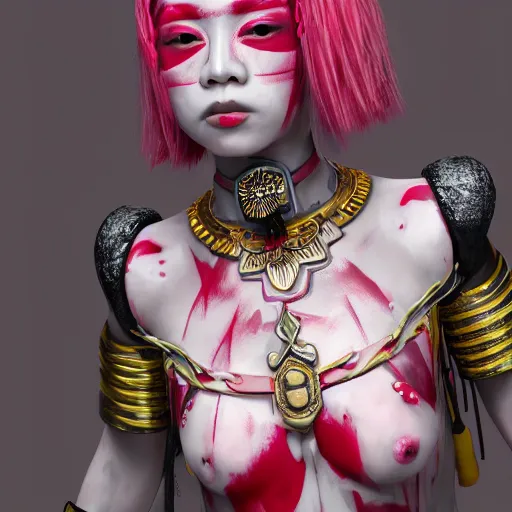 Prompt: albino maiko ornated armor war paint in the woods, detailed, smokey background, jewelry, sakura,photograph, award wining, red and white, trending on artstation, 50mm, punk attitude, 4k, unreal engine 5, octane render, neon highlights