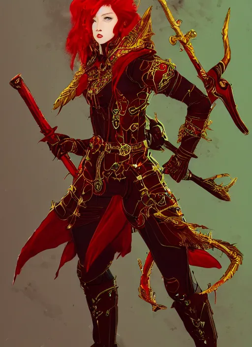 Prompt: Full body portrait of a handsome young red haired elven princess warrior wearing red, green and gold ornate leather jacket, golden tiara and an axe. In style of Yoji Shinkawa and Hyung-tae Kim, trending on ArtStation, dark fantasy, great composition, concept art, highly detailed.