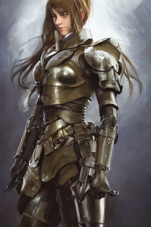 Prompt: a professionally painted full body portrait of an attractive young female clothed in military-style battle armor, olive skin, long dark hair, beautiful bone structure, symmetrical facial features, intricate, elegant, digital painting, concept art, smooth, sharp focus, illustration, finely detailed, from Metal Gear by Ruan Jia and Mandy Jurgens and Artgerm and William-Adolphe Bouguerea