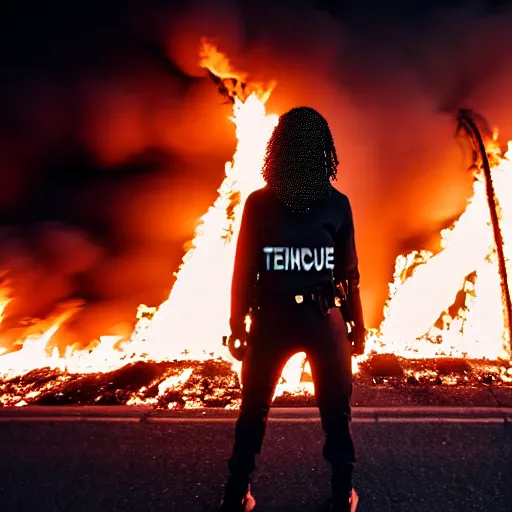 Image similar to Candid extreme wide shot of a poor techwear mixed woman with short hair and tattoos outside of a futuristic Los Angeles on fire, a police MRAP on fire, cyberpunk, 4k, extreme long shot, desaturated, full shot, action shot, motion blur, depth of field, sigma 85mm f/1.4, high resolution, 4k, 8k, hd, full color, award winning photography, war photography