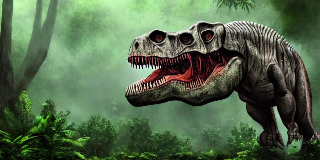 Image similar to photo realism, vary sad, cry tyrannosaurus rex, background jungle, 4 k