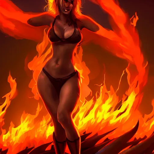 Image similar to Hot fire giantess, flaming skin, rampaging, stormy background, forest fire, breathing fire, fire in hand, concept art, artstation, 4k