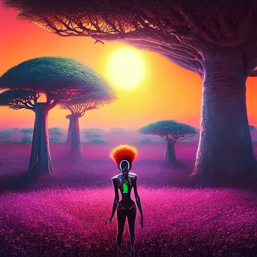 Image similar to an african cyberpunk hacker girl with her headset plugged into a giant glowing baobab tree in the middle of a field of flowers at sunset, by greg rutkowski and android jones in a surreal portrait style, oil on canvas, 8k hd, synthwave colors!!