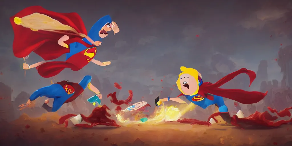 Prompt: Epic painting of Jake from adventure time fighting superman while eating bacon pancakes, by senior character artist, volumetric lighting, concept art, digital painting 8k