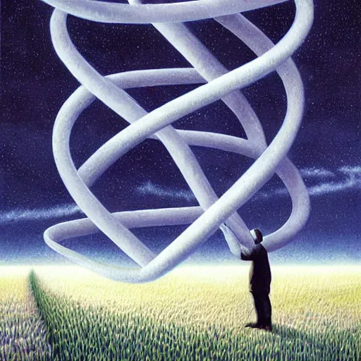 Image similar to in a field, two scientists in lab coats encounter a monster shaped like the DNA double helix, stormy weather, by Rob Gonsalves