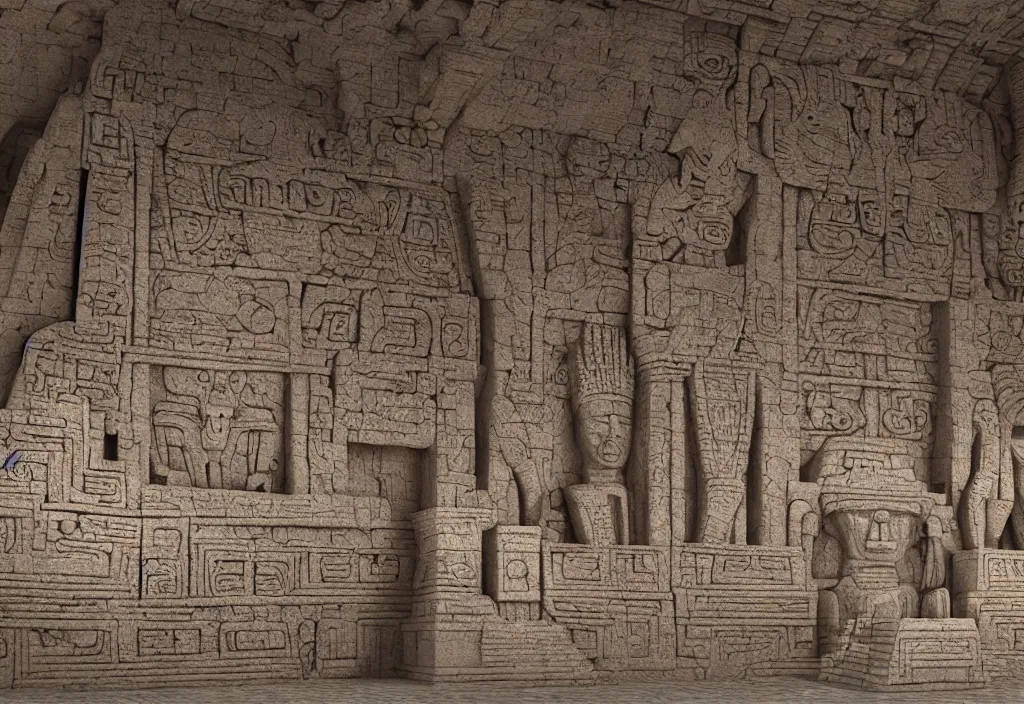 Prompt: a mayan temple interior with symmetric recogniseable giant face portrait of a mayan god-emperor in the center Carved in stone relief style behind an ancient altair of sacrafice. 3d render. Realistic. Well Detailed. Torch light. Omnious, intricate. H.r. giger painting influenced by alien reliefs