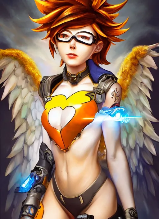 Image similar to full body oil painting of tracer overwatch in the style of mark brooks, angel wings, dramatic painting, symmetrical composition, wearing gold detailed choker, angelic, lights, flowers, heavenly, bright, detailed face,