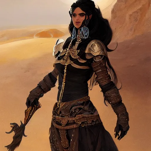 Prompt: portrait of a berber tiefling woman with black hair wearing steel armor in a desert, strong, fierce, elegant, fantasy, highly detailed, digital painting, artstation, concept art, character art, art by greg rutkowski and tyler jacobson and alphonse mucha