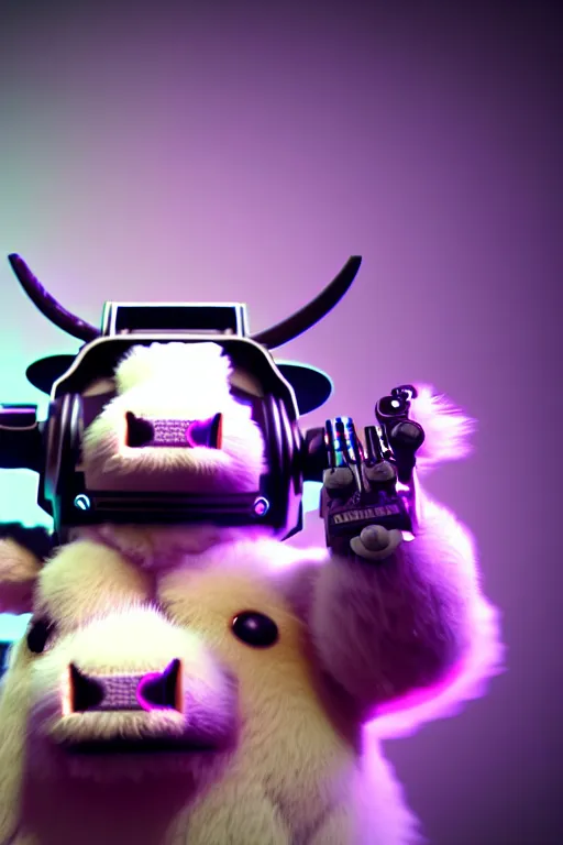 Image similar to high quality 3 d render very cute fluffy! cyborg cow plays guitar, cyberpunk highly detailed, unreal engine cinematic smooth, in the style of blade runner & detective pikachu, hannah yata charlie immer, moody light, low angle, uhd 8 k, sharp focus