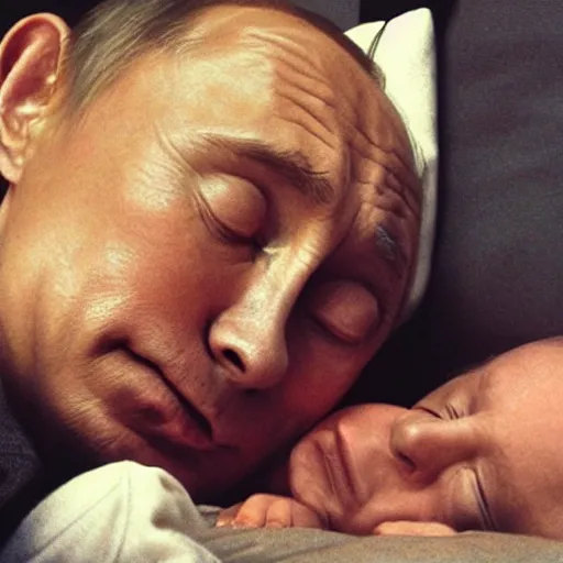 Image similar to putin sleeping in bed next to yoda