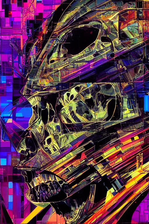 Prompt: wideangle, a portrait of a shattered skull, lost in tensor fields, madness, decoherence, synthwave, glitch!!, fracture, realistic, hyperdetailed, concept art, golden hour, art by syd mead, cubism