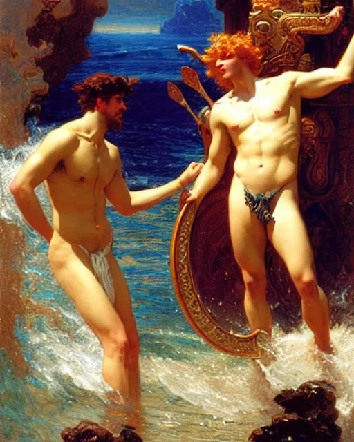 Image similar to attractive god neptune arguing with handsome god poseidon about who rules the oceans, painting by gaston bussiere, craig mullins, j. c. leyendecker,