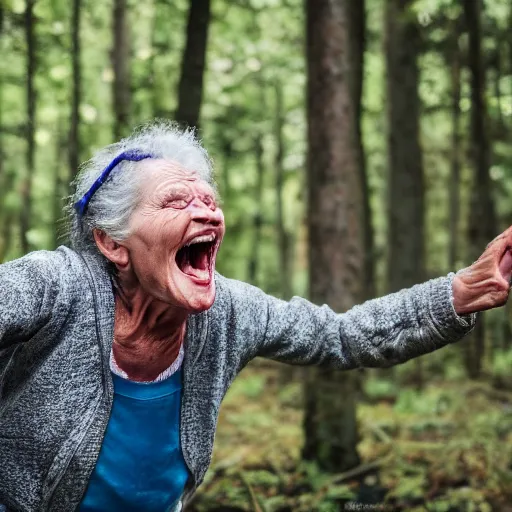 Image similar to elderly woman screaming at a terrifying creature in the woods, canon eos r 3, f / 1. 4, iso 2 0 0, 1 / 1 6 0 s, 8 k, raw, unedited, symmetrical balance, wide angle