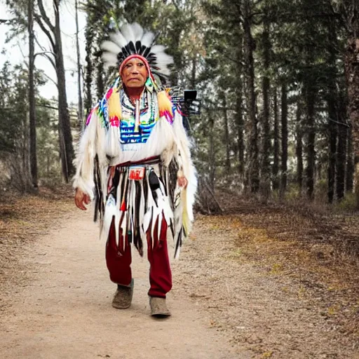 Prompt: native american indigenous man wearin traditional clothing, in a walk cycle on a white studio baclground