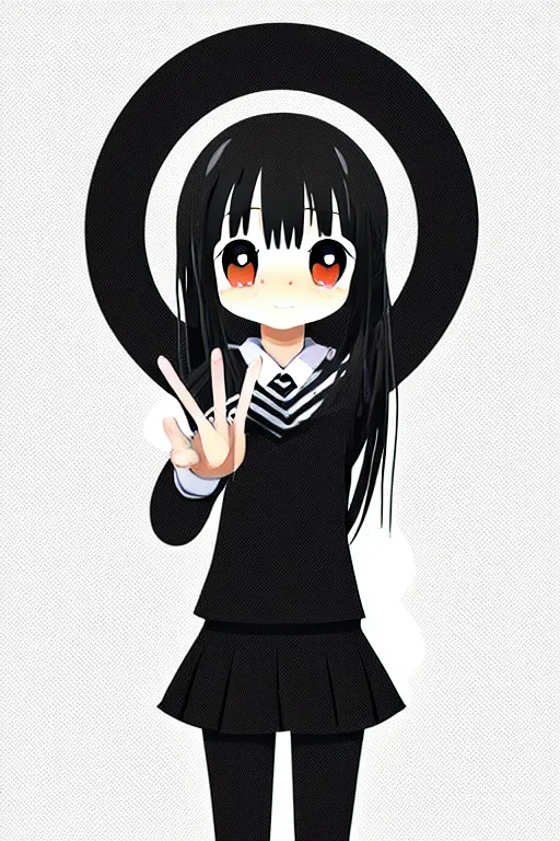 Prompt: full body anime portrait of a cute android girl round eyes long hair dressed in a school uniform inside the school, peace sign, stunning, highly detailed, anatomically correct, vector art, hyper realistic