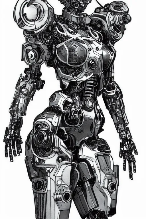 Prompt: full body illustration female cyborg, highly detailed, sumi - e art, suiboku - ga ink, by kim jisu, pen and ink monochrome, mecha, deviantart, artstation, pinterest