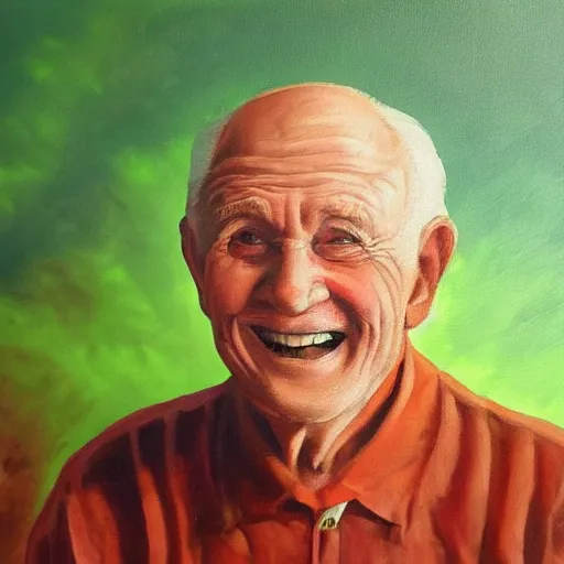 Image similar to painting of a smiling old man with dramatic lighting