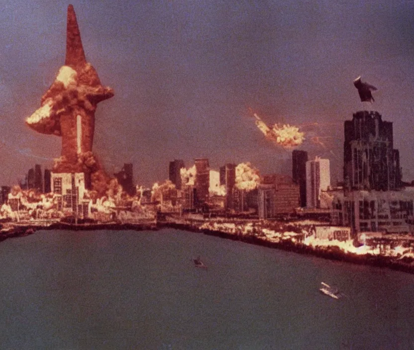 Prompt: Pulgasari the North Korean starfish monster destroying Pyongyang city, volumetric lighting, filmstill, produced by Kim Jong-il, Kodachrome, kaiju-eiga, monster movie, communist propaganda, film noir, 35mm film grain, Cooke Varotal 20-100mm T3.1, in the style of Ishirō Honda and Stanley Kubrick