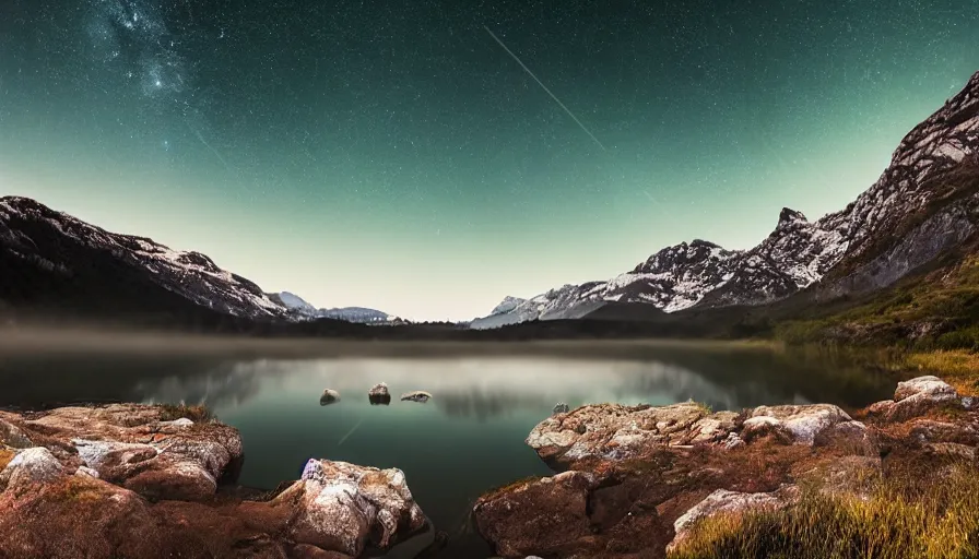 Prompt: a magic lake by night with fog, mountains in the background and the milkyway in the sky