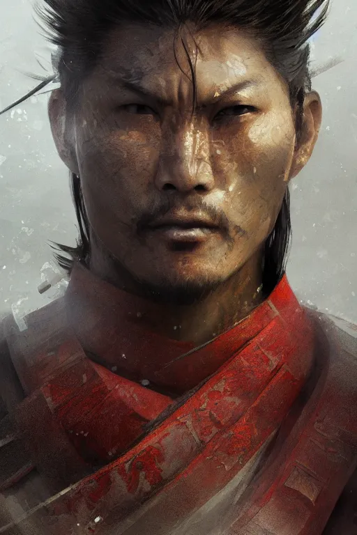 Image similar to samurai warrior, close - up portrait, fierce, intricate, elegant, volumetric lighting, scenery, digital painting, highly detailed, artstation, sharp focus, illustration, concept art, ruan jia, steve mccurry