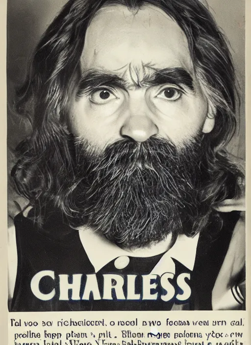 Image similar to vintage pharmaceutical advertisement depicting charles manson as a member of the blue man group