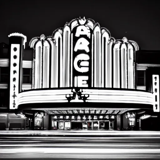 Image similar to art deco movie theater palace at night, dramatic light