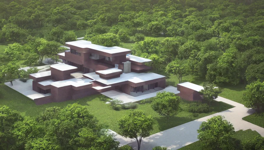 Image similar to modern house with trees in courtyard and big entrance, tibetan inspired architecture, on a green hill, frank lloyd wright, photorealistic, drone view