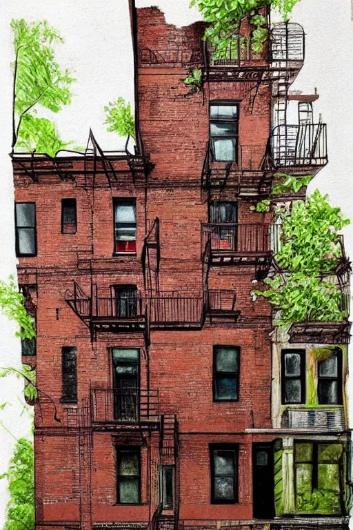 Prompt: (((((a ramshackle manhattan brick brownstone deep in the forest))))) by Roberto Gatto!!!!!!!!!!!!!!!!!!!!!!!!!!!