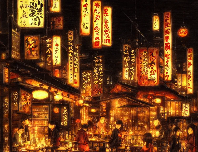 Prompt: enchanted izakaya in the night. this oil painting by the award - winning mangaka has a beautiful composition, great sense of depth, dramatic lighting and intricate details.