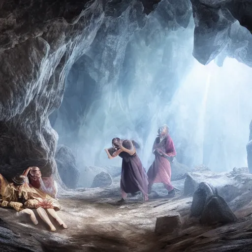 Prompt: medieval people dancing in a cave, there are crystals on the ceiling and on the ground, matte painting, 4k, very detailed