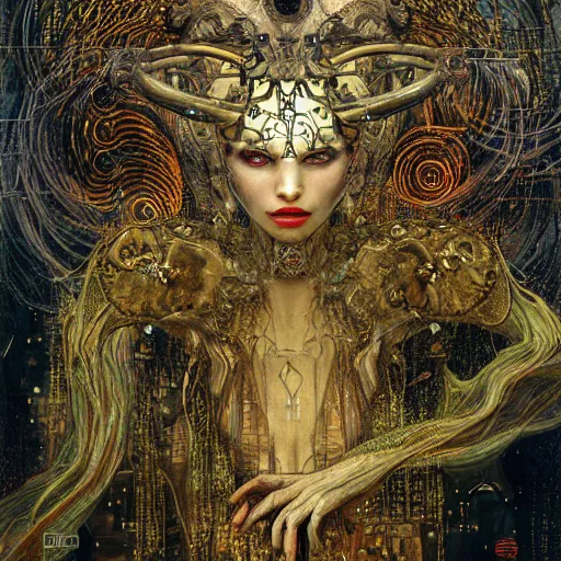 Image similar to horned cybernetic demon trapped in circuitry, intricate detail, klimt, royo, whealan,