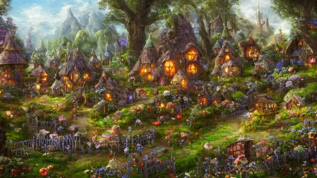 Prompt: a fairy village in a garden with tiny fences, toad stools and fairy hotels and homes with fairy's flying around, highly detailed oil painting, epic fantasy art, abstraction, masterpeice, 8k