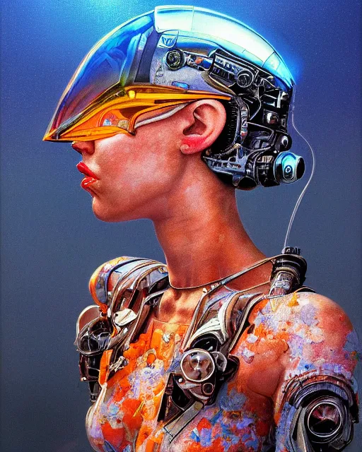 Prompt: portrait of a cyborg racer miley cyrus, shattered glass, cinematic light, backlight, orange sky blue, mist, clouds, by mikhail vrubel, by philippe druillet, by wlop, by peter elson, by gerald brom, muted colors, ( extreme detail ), trending on artstation, 8 k