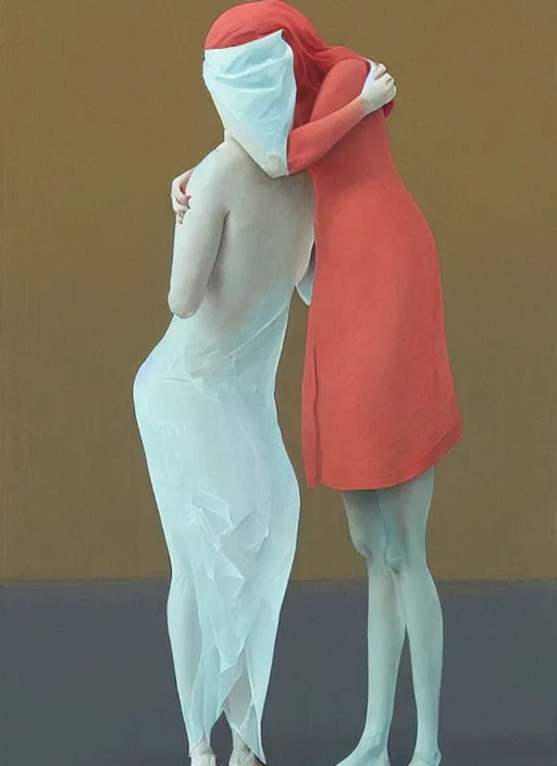 Prompt: two women hugging paper bag over the head translucent dress made of plastic bags Edward Hopper and James Gilleard, Zdzislaw Beksinski, highly detailed