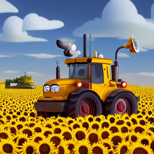 Prompt: a cute tractor in a sunflower field towing a russian tank by goro fujita, 3 d octane render, 8 k, trending on artstation, hyper detailed, cinematic