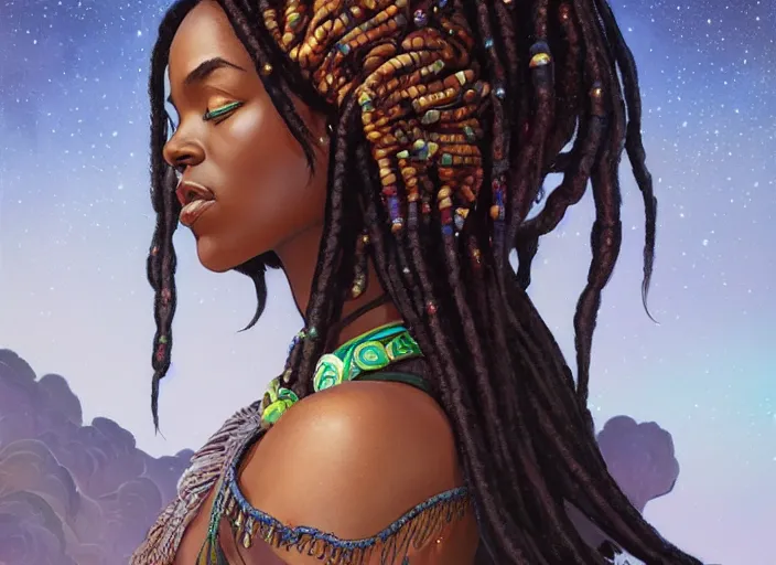 Image similar to beautiful black woman with gorgeous beaded dreadlock hairstyle, highly detailed, digital painting, artstation, concept art, matte, sharp focus, illustration, dramatic, galactic plane, hearthstone, art by artgerm and greg rutkowski and alphonse mucha