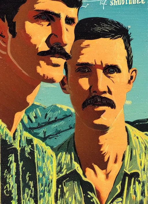 Prompt: an extreme close - up portrait of a man and his brother in a scenic representation of mother nature and the meaning of life by billy childish, thick visible brush strokes, shadowy painting by beal gifford, vintage postcard illustration, minimalist cover art by mitchell hooks