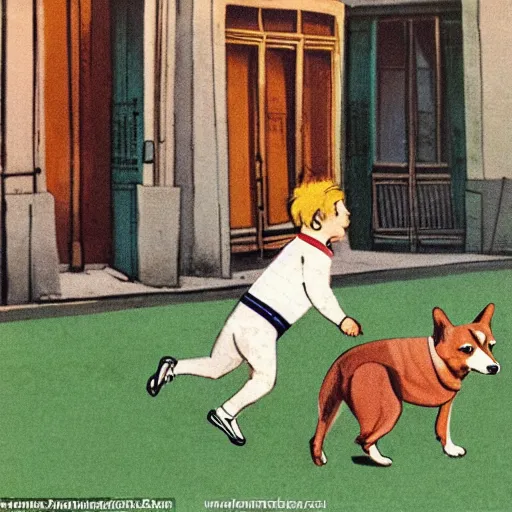 Image similar to a french boy on the streets of paris playing football against a corgi, the dog is wearing a polka dot scarf, book illustration, 1 9 6 6