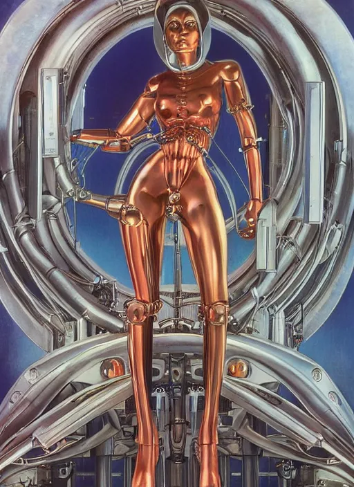 Prompt: Robotic beautiful oracle woman posing in front of a science facility painted by Hajime Sorayama and Alberto Vargas, moebius, giger, mucha , tarot, dramatic lighting